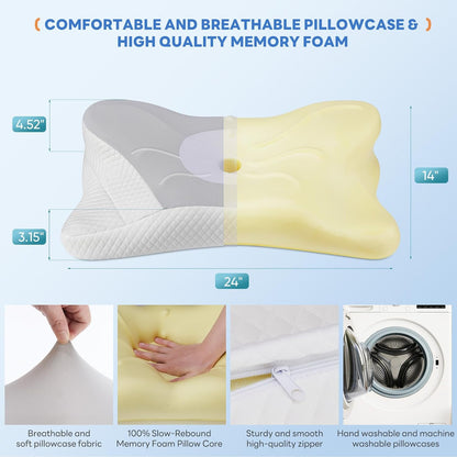 Sweetcrispy Cervical Pillow for Neck and Shoulder - Ergonomic Memory Foam Pillows, Contour Side Sleeper for Adults, Cooling Orthopedic Neck Support for Back Stomach Sleepers, White