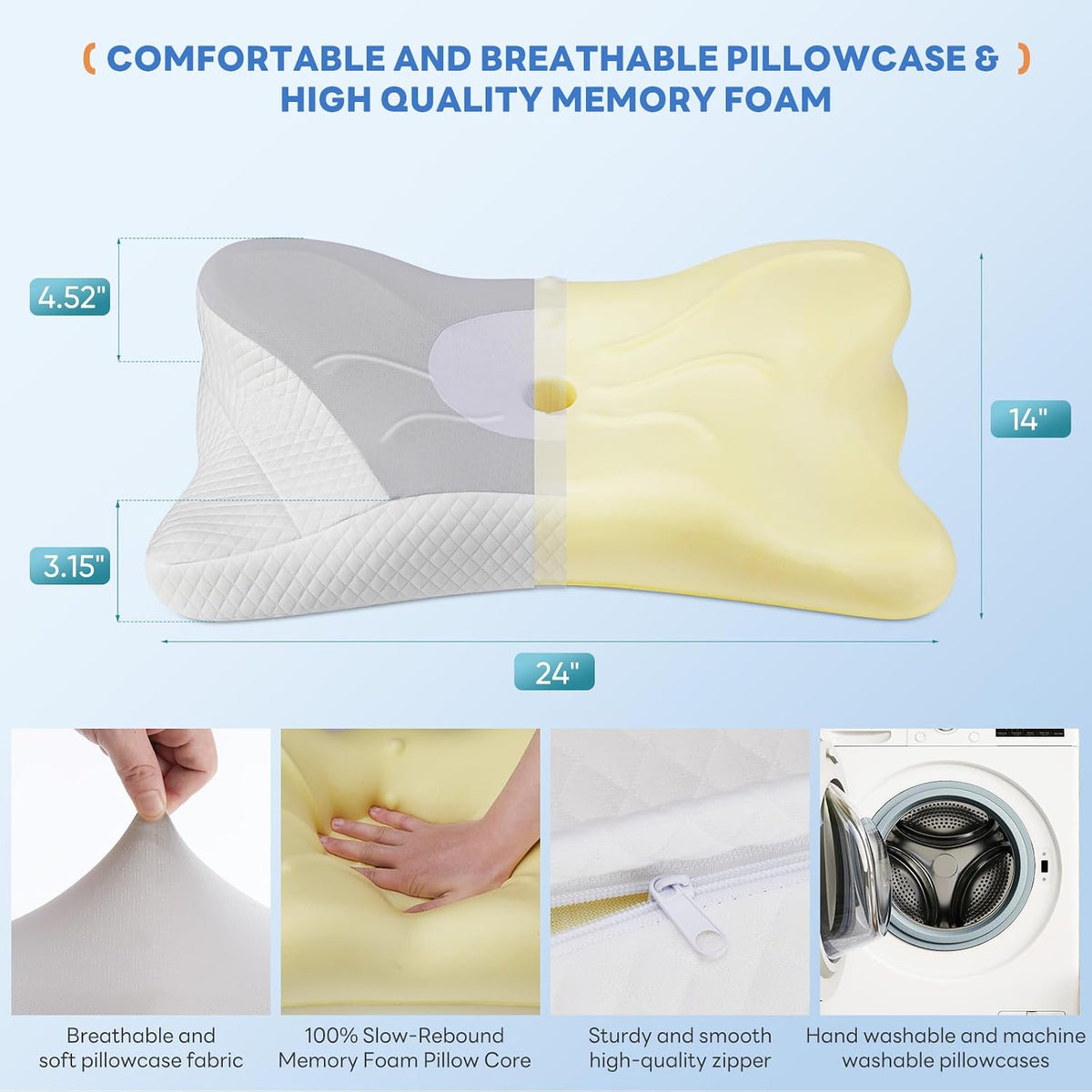 Sweetcrispy Cervical Pillow for Neck and Shoulder - Ergonomic Memory Foam Pillows, Contour Side Sleeper for Adults, Cooling Orthopedic Neck Support for Back Stomach Sleepers, White