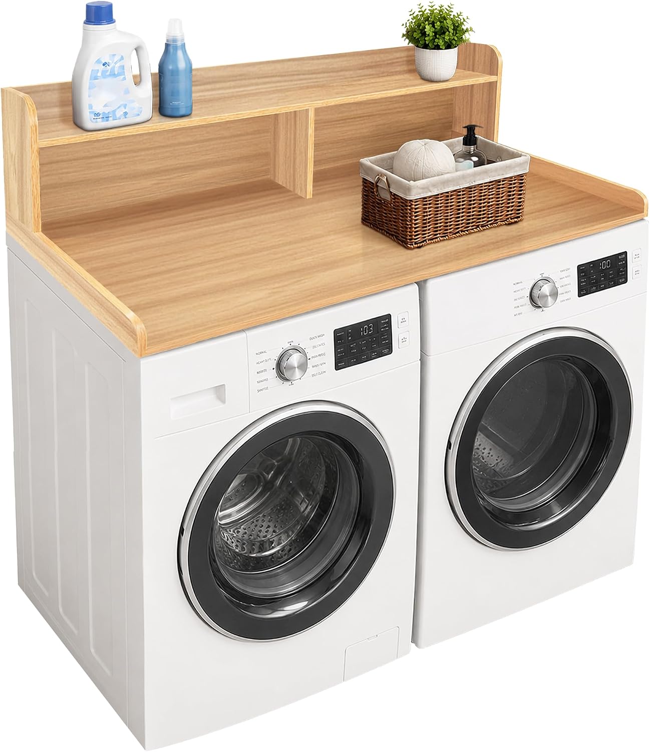 Royxen Laundry Countertop with 2-Tier Shelf Universal Fit, Washer and Dryer Countertop with Storage Space, Shelf Height 11.5 Inches, Solid Wood Core, Walnut