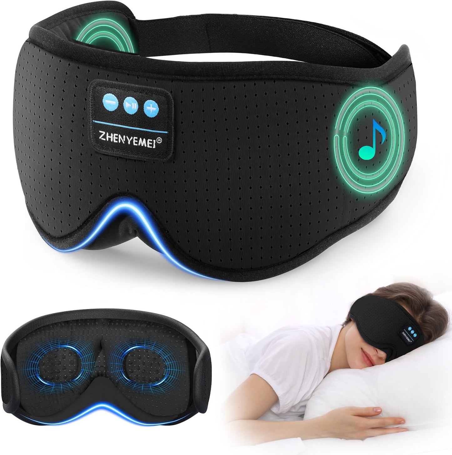 Sleep Eye Mask Bluetooth Headphones - 3D Contoured Zero Pressure Sleeping Masks 100% Blackout Eye Cover Breathable Sleeping Mask for Side Sleepers Wireless Earphone Ear Muff Headband Women Men Gift