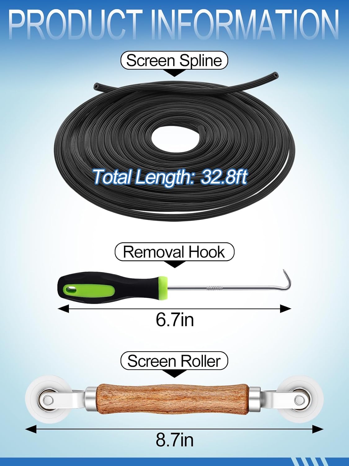 MEWTOGO 3 in 1 Screen Repair Kit, Window Screen Replacement Tools | Including 32.8ft Spline, Roller, Removal Hook,for Replacing & Installing Door Window Screens