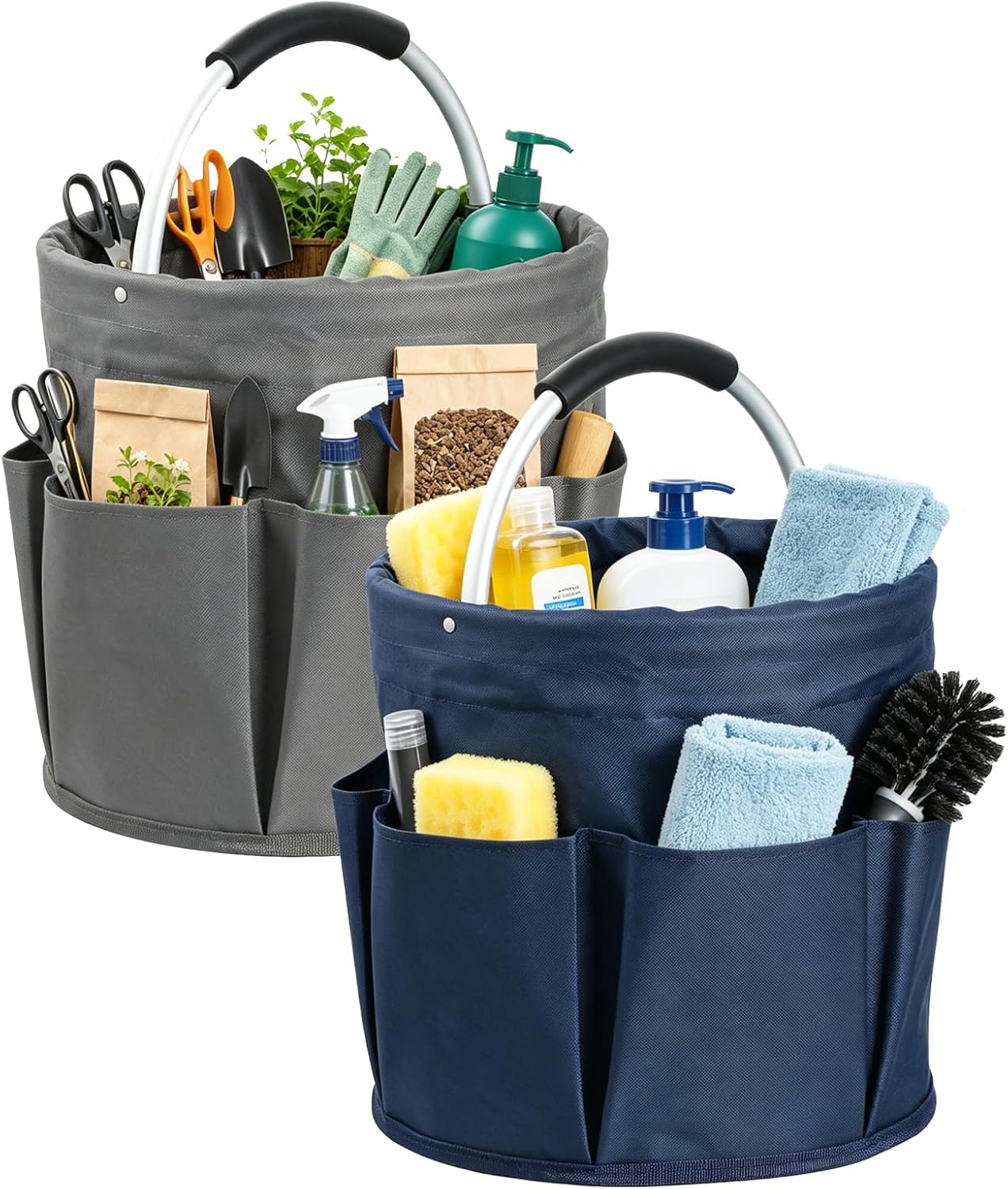 17L Cleaning Caddy with Handle and 6 Pockets, Foldable Cleaning Supply Caddy, Portable Shower Caddy in 600D Oxford Fabric, Multifunctional Storage Basket for Camping, Gardening, Black