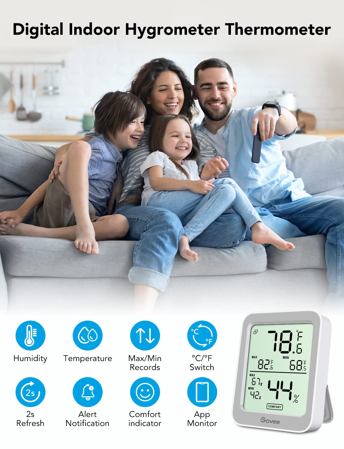 Govee Indoor Hygrometer Thermometer H5075 with Bluetooth App Control | Room Temperature Humidity Meter, 164ft Remote Monitor, Smart Alerts, 2 Years Data Storage Export, for Bedroom Wine Cellar