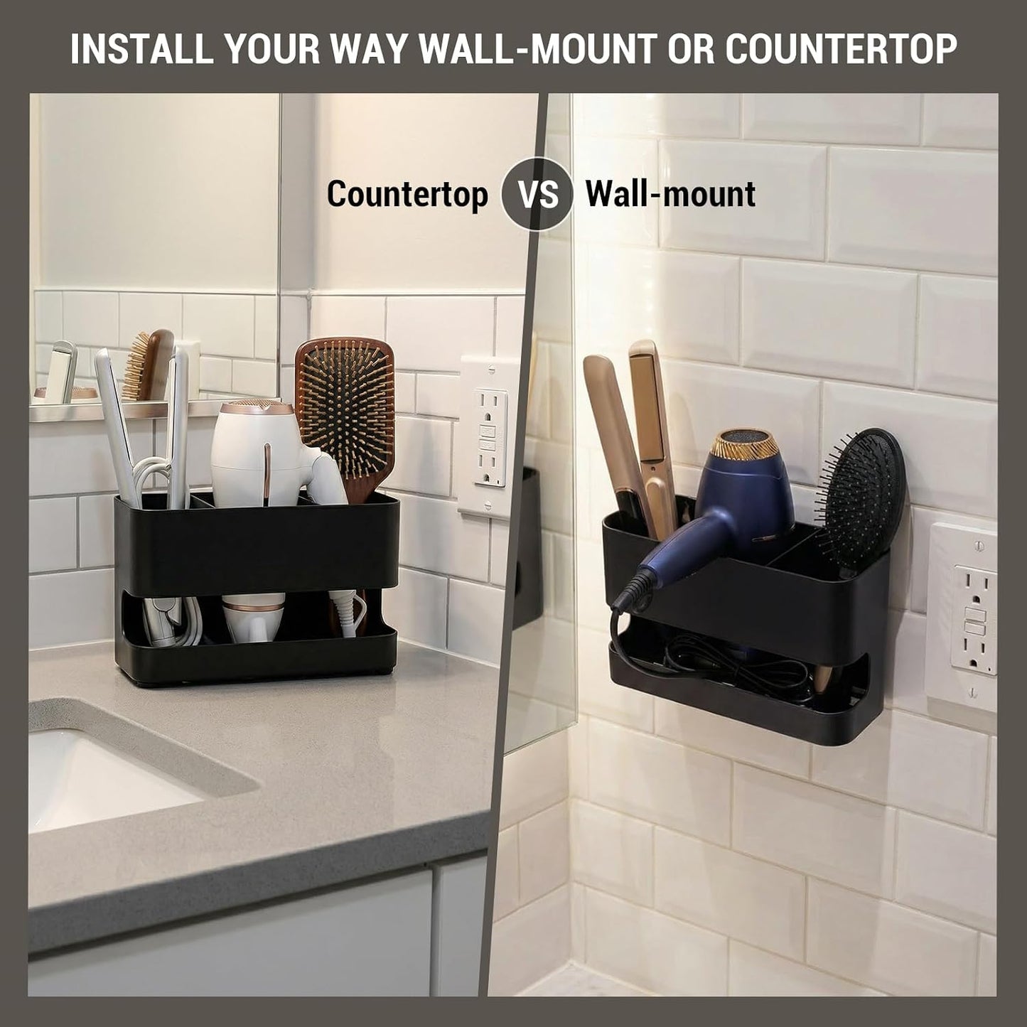MyGift Wall Mount Salon Hair Tool Organizer with 3 Slots, Black Metal | Wall-mounted black metal storage features 3 slots for curling irons, blow dryers, straighteners, and hair brushes