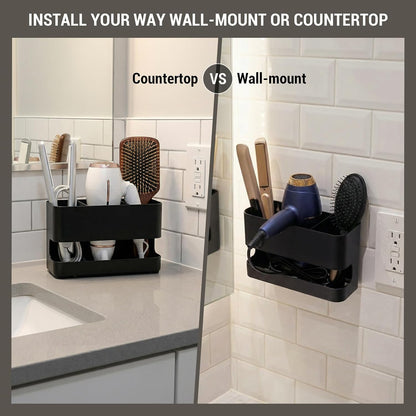 MyGift Wall Mount Salon Hair Tool Organizer with 3 Slots, Black Metal | Wall-mounted black metal storage features 3 slots for curling irons, blow dryers, straighteners, and hair brushes