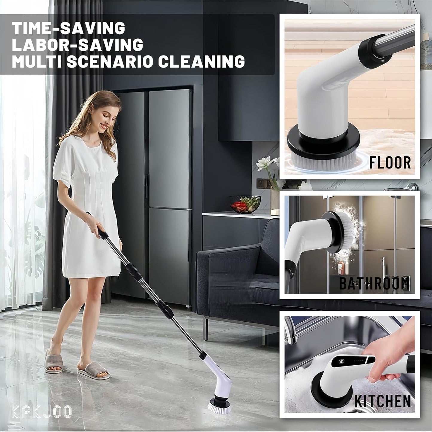 Electric Spin Scrubber- Ditch the Scrubbing! Long Handle Shower Scrubber with 9 Replaceable Heads - 2 Speed Cordless Brush Ensures Long Battery Life, Modern Design! (White)
