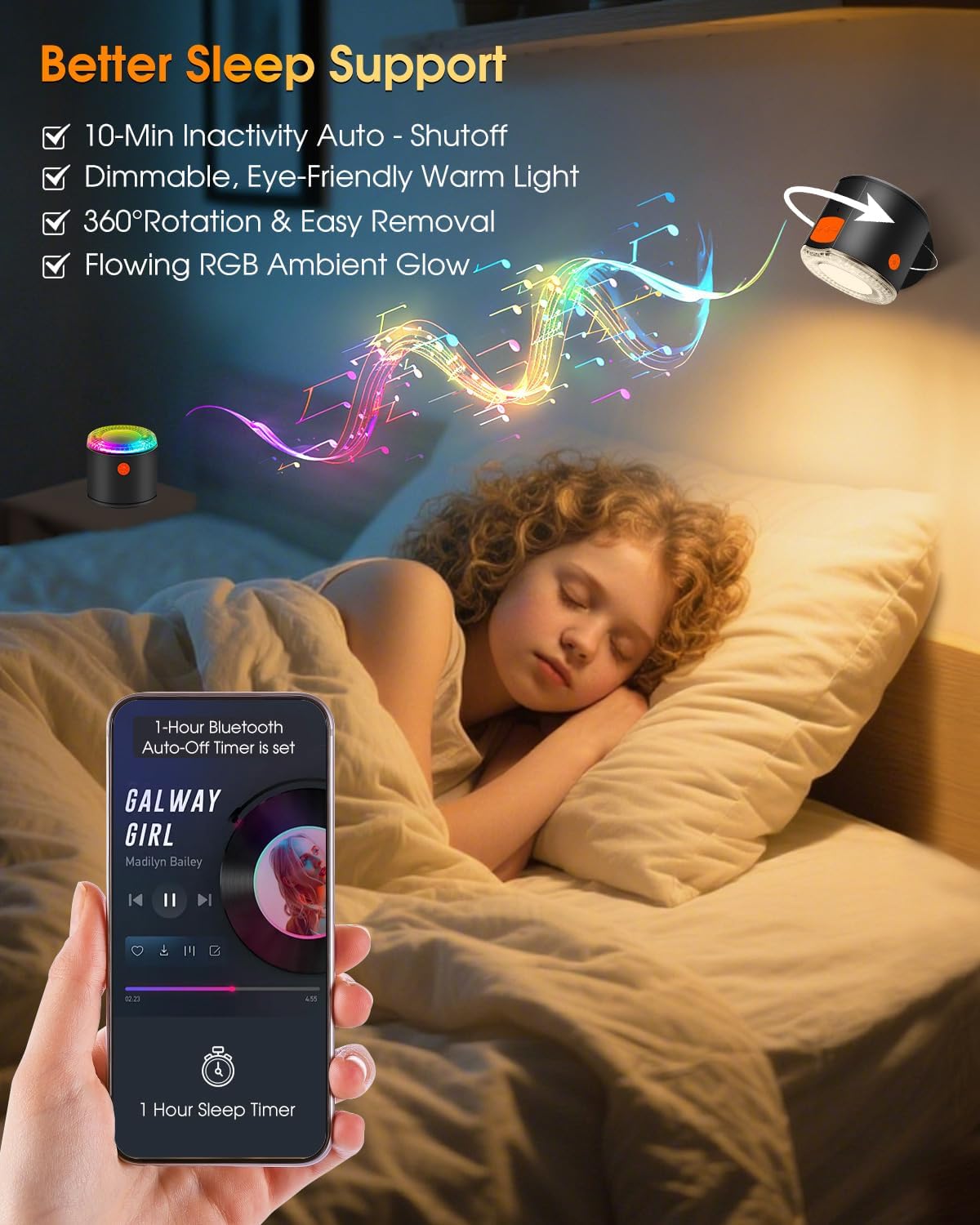 Wall Sconce, Rechargeable RGB Light with Bluetooth Speaker, Dimmable | Battery Operated LED Wall Sconce with Bluetooth Speaker, RGB & White Light, Dimmable Bedside Lamp for Bedroom Mood Light