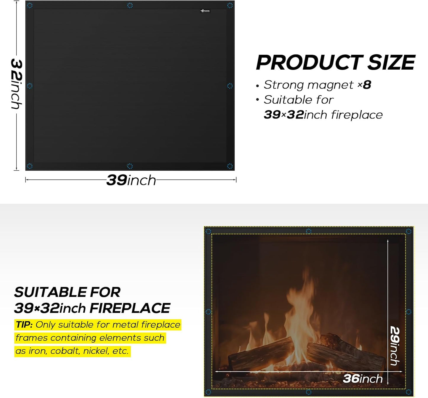 FLASLD Magnet Fireplace Cover Blocker, 39" x 32" Fireplace Blanket Stops Overnight Heat Loss, Fireplace Draft Stopper Save Energy for Iron Frame