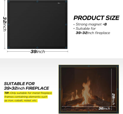 FLASLD Magnet Fireplace Cover Blocker, 39" x 32" Fireplace Blanket Stops Overnight Heat Loss, Fireplace Draft Stopper Save Energy for Iron Frame