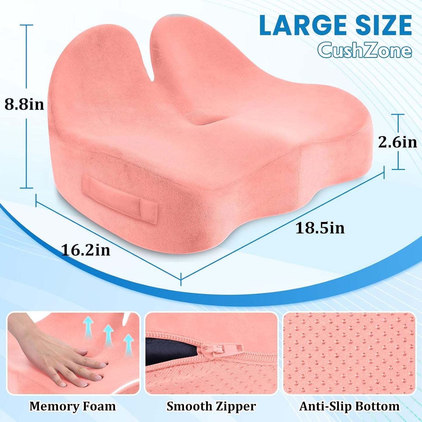 CushZone Ergonomic Seat Cushion, Sciatica Support for Office Chair, Black | Large Size for Sciatica & Hip & Tailbone Pain Relief, Memory Foam Office Chair Cushion for Car, Long Trip, Desk Chair, Lab