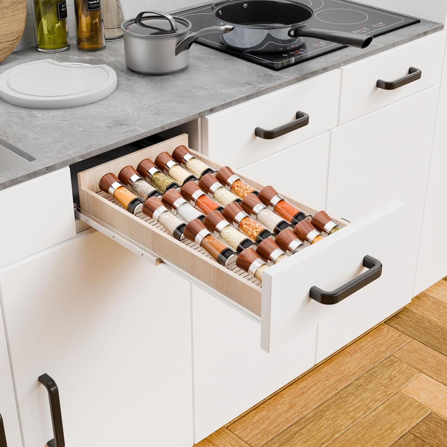4 Pack Adjustable Narrow Spice Rack for Drawer - Expandable From 9" to 17.7" - Acrylic Drawer Seasoning Organizer,Tiered Clear Spice Tray for Spices,Condiment,Nail Polish and Jar Organization