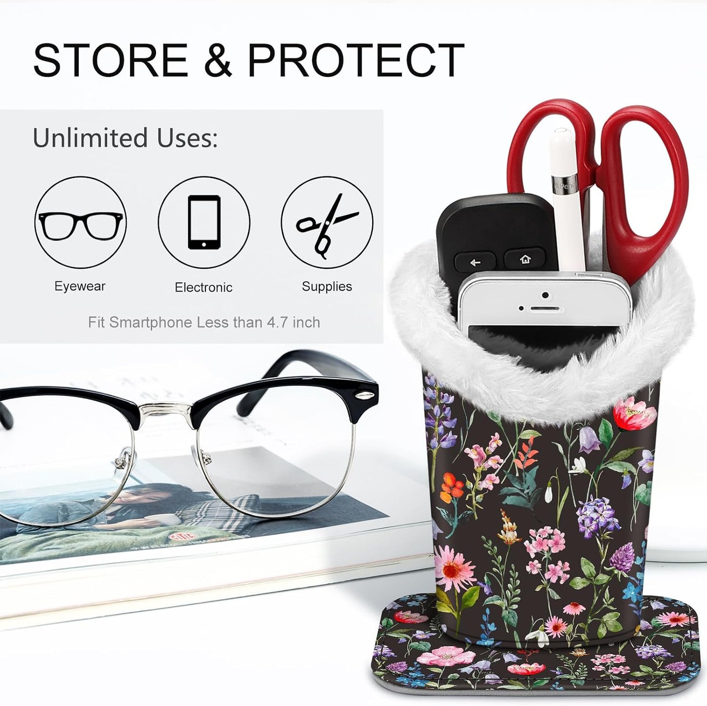 FINTIE Plush Lined Eyeglasses Holder, Glasses Stand Case For Nightstand | Soft Plush Lining, Bedside Eyeglasses Holder, Office Desktop Organizer, Small Item Storage, Anti-Scratch - Colors B