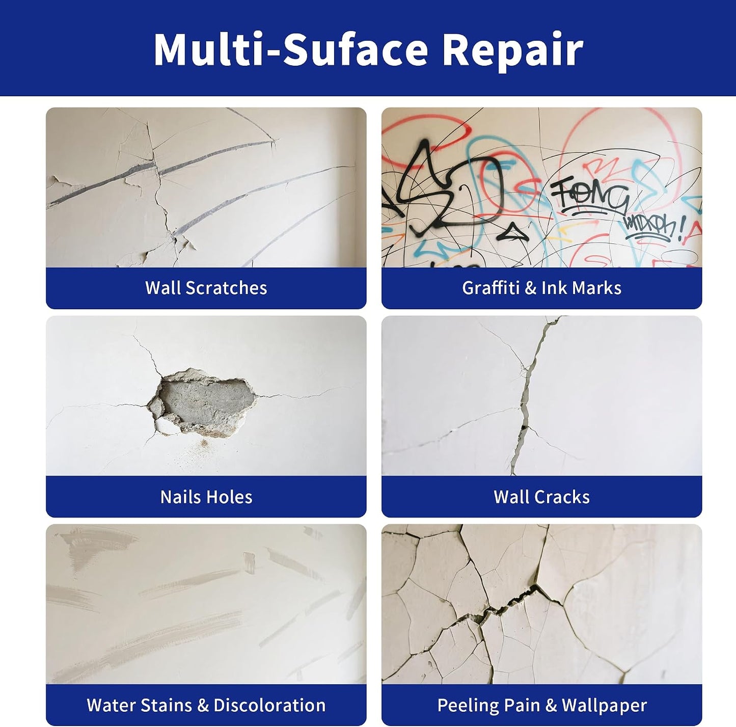 Drywall Patch Repair Kit - Drywall Repair Kit for Wall Texture, Holes, Cracks, Graffiti & Stains, Patches/Scrapers/Sandpaper/Texture Sponge/Putty Knife, Formaldehyde-Free, White (8.8oz)