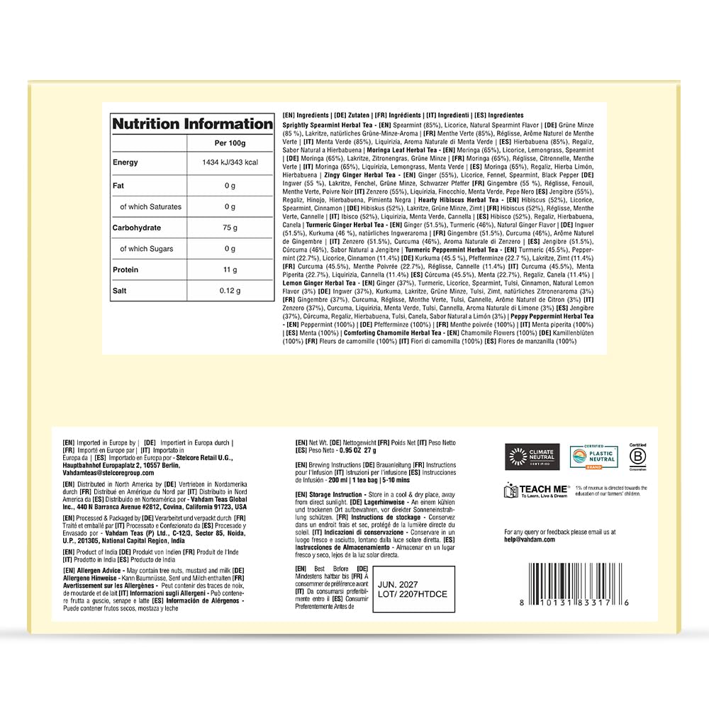 VAHDAM, Assorted Herbal Tea Sampler (18 Tea Bags, 9 Flavors) Caffeine-Free, Non-GMO | Double Infusion, Individually Enveloped Tea Bags | Herbal Tea Assortmen