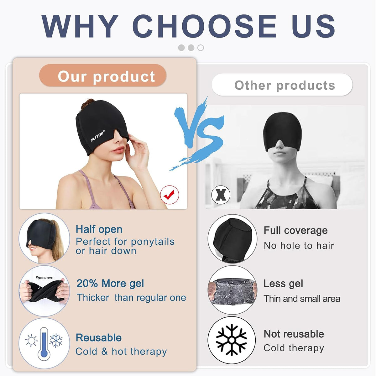 Migraine Headache Relief Cap, Gel Ice Head Wrap, Hot and Cold Therapy, Headache Eyes Mask for Sinus, Puffy Eyes, Tension and Stress Relief (Blue)