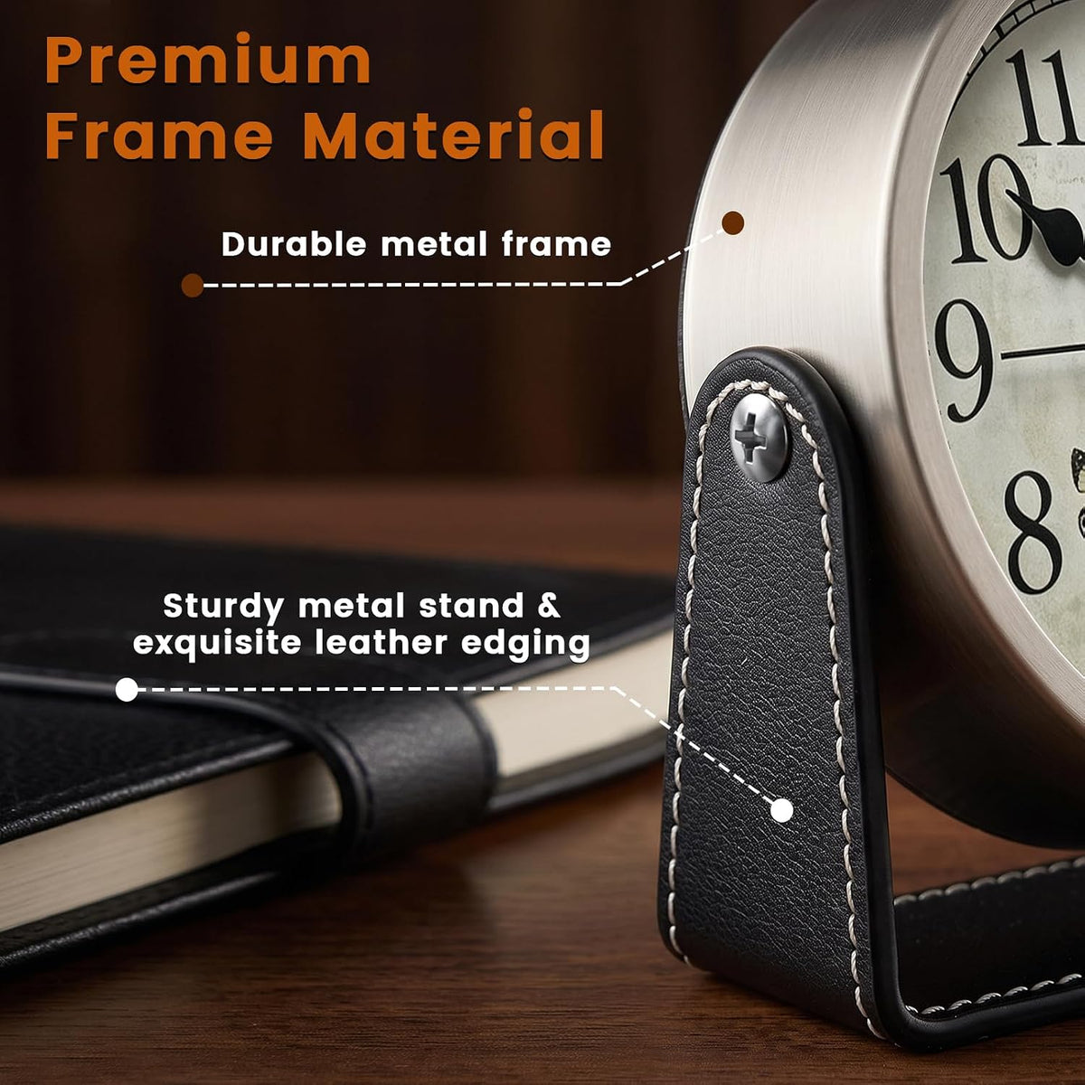 Analog Alarm Clock - 4.5" Silent Non Ticking Small Clock with Light, Rotatable Stand Metal Desk Clock Battery Operated, Simple Design for Living Room Decor/ Bedroom/Bedside/Shelf (Black & White)