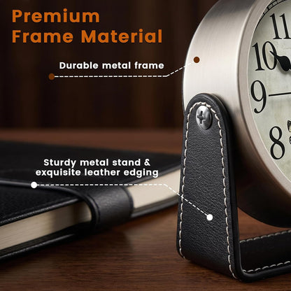 Analog Alarm Clock - 4.5" Silent Non Ticking Small Clock with Light, Rotatable Stand Metal Desk Clock Battery Operated, Simple Design for Living Room Decor/ Bedroom/Bedside/Shelf (Black & White)