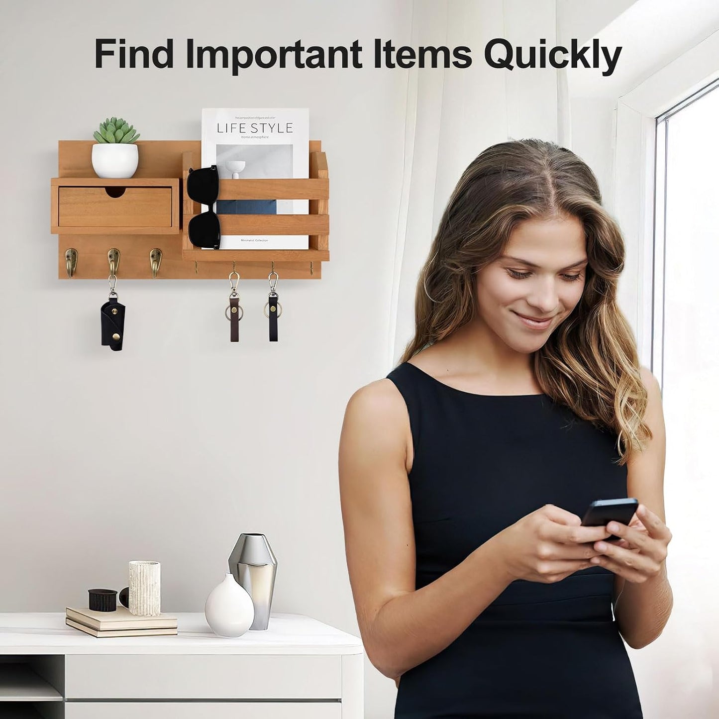 Lwenki Wall Mount Key Holder with Mail Organizer, 100% Paulownia Wood, 7 Metal Hooks, Storage Drawer, Entryway Home Decor (Brown)
