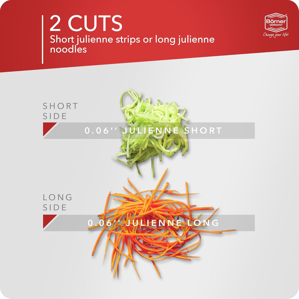 Börner Roko PowerLine Vegetable Slicer Set (2-piece) • Fine Julienne Cutter for Fruit and Vegetables + Safety Guard • Julienne Slicer • Mandoline Slicer Set • Kitchen Slicer (Red)