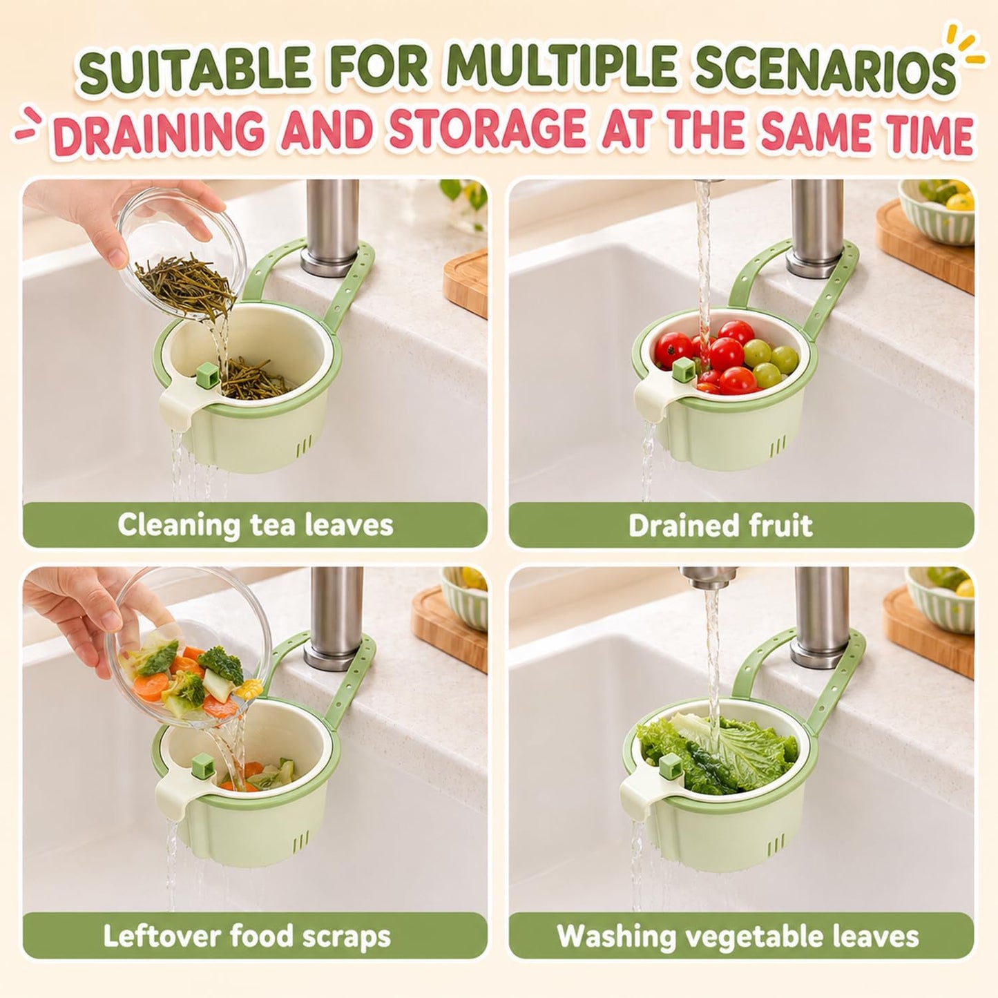 Sink Filter Basket, Kitchen Sink Strainer Basket with Self-Cleaning & One-Touch Press, Hanging Sink Drain Basket for Draining, Washing, Storage, 5.7x5.1x3.5 Inches (Green)