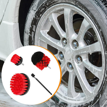 4PCS Drill Brush Attachment Kit with Extension Rod, Red | PP bristles with steel shafts, three brush sizes, quick-change extension rod, follows curved surfaces, compact storage