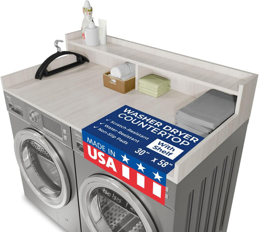 OfficeSimpli Washer Dryer Countertop, Shelf, Made in USA, 30x58 Rustic Oak | Non-slip pads stabilise the surface while the raised edge helps stop socks and supplies falling behind.