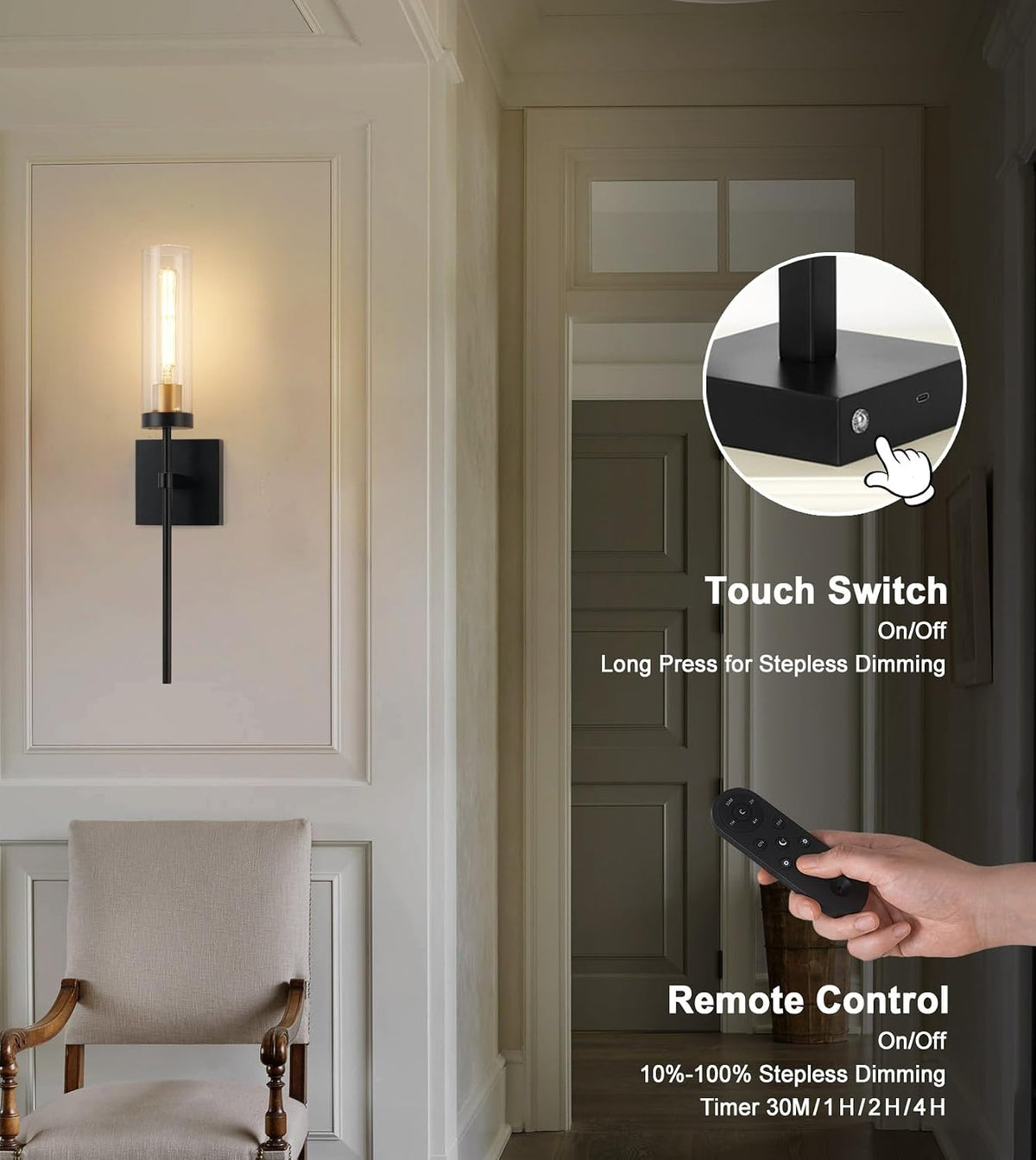 Wireless Wall Sconces with Remote Control, Battery Operated Wall Sconce Set of 2, Black & Gold Rechargeable Dimmable Wall Light for Bedroom Living room Bathroom Hallway Entryway Stairwell, 3000K