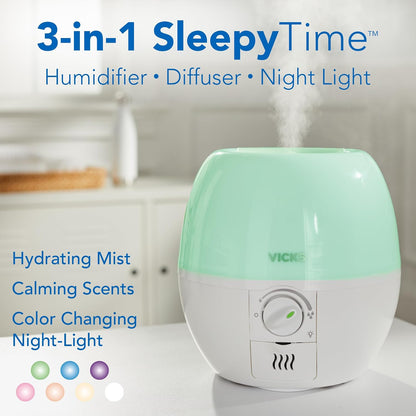 Vicks Humidifier 3-in-1 SleepyTime Cool Mist Humidifier for Baby & Kids Rooms with Color Changing Night Light and Essential Oil Diffuser, White
