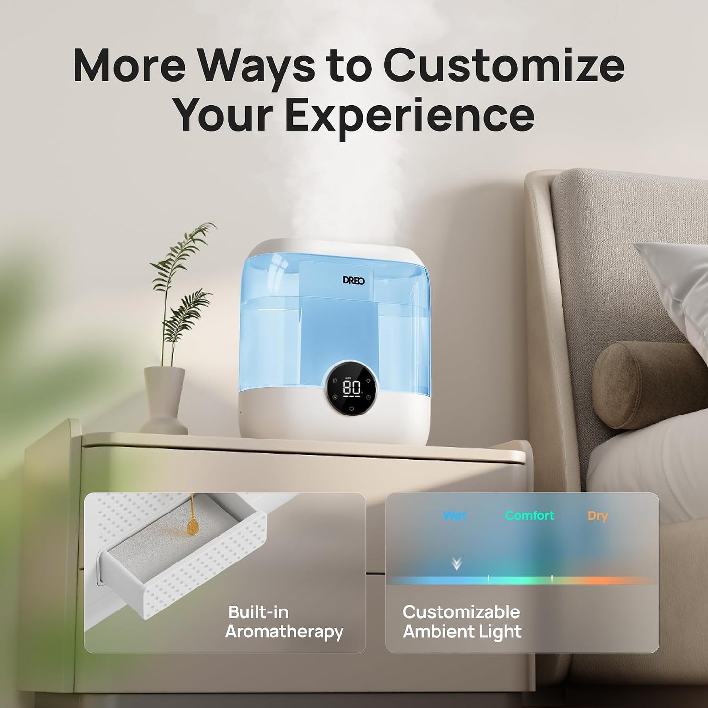 DREO 6L Smart Humidifiers for Bedroom, Large Room, 60H Runtime, Quiet 28dB | Top Fill Supersized Cool Mist Humidifier for Plants, Indoor, Home, Night Light, App/Touch/Voice Control, Black