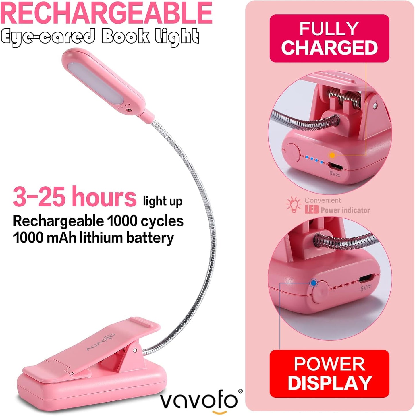 VAVOFO Rechargeable Book Light for Reading in Bed Kids, 7 LED Reading Light with 9-Level Warm Cool White Daylight, Eye Care Lamp with Power Indicator for Bookworms (Yellow)