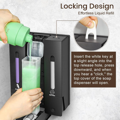 3 Chamber Shampoo and Conditioner Dispenser Set, No Drill Shower Soap | Refillable wall-mounted bottles, BPA-free. 3x400ml. Dispenses shampoo, conditioner,body wash, soap, lotion, gel. Black.