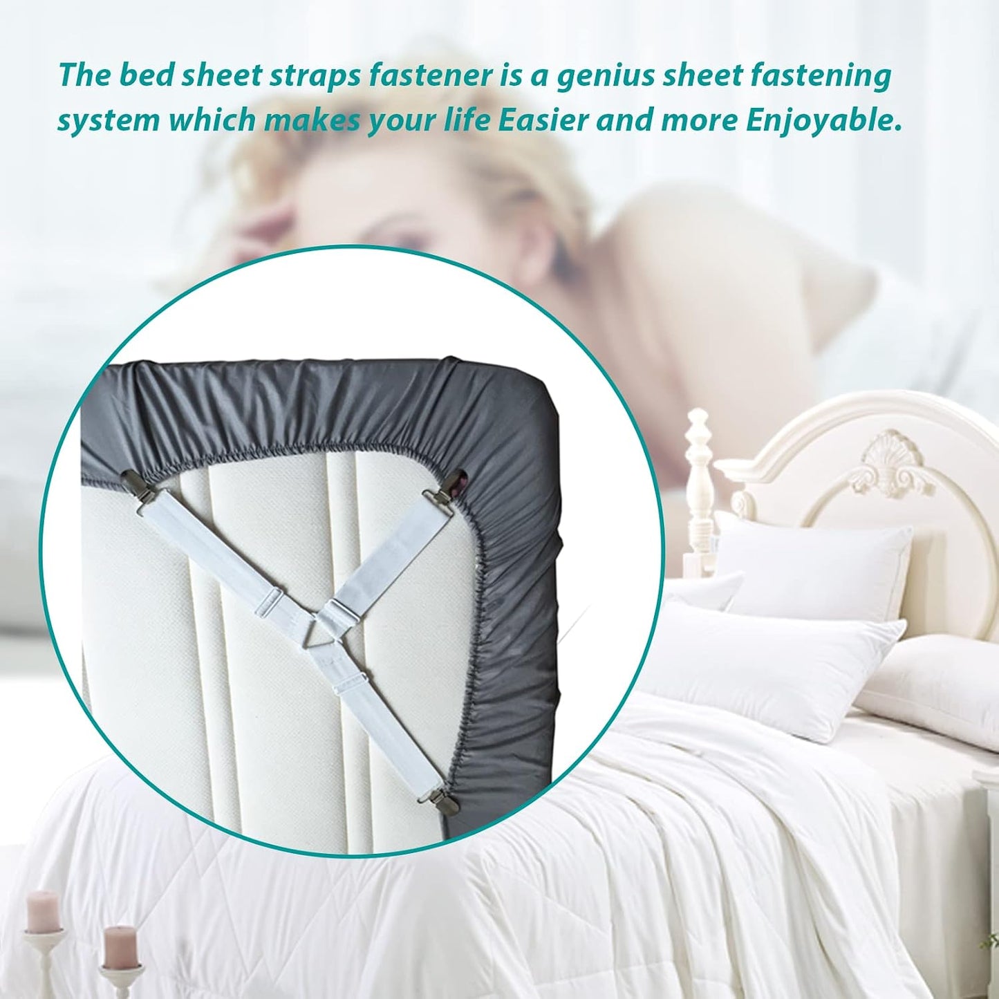 RayTour Bed Sheet Holder Straps 4 Pack - Elastic Sheet Keepers for Fitted Sheets | Four adjustable three-clip holders secure one fitted sheet; wide elastic straps help keep all four mattress corners in place.
