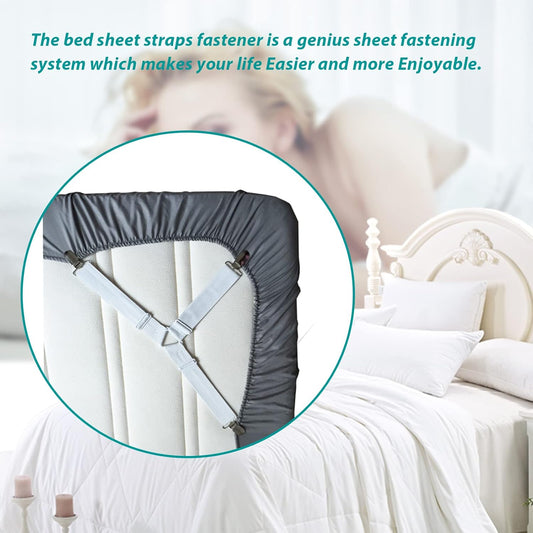 RayTour Bed Sheet Holder Straps 4 Pack - Elastic Sheet Keepers for Fitted Sheets | Four adjustable three-clip holders secure one fitted sheet; wide elastic straps help keep all four mattress corners in place.