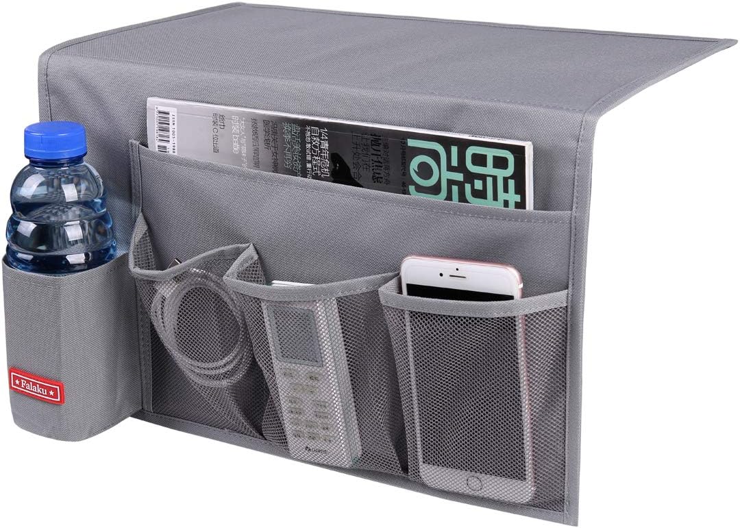 Bedside Caddy,Bedside Organizer Caddy Under Mattress,Holds Magazines,Books (4 Pockets-Grey)