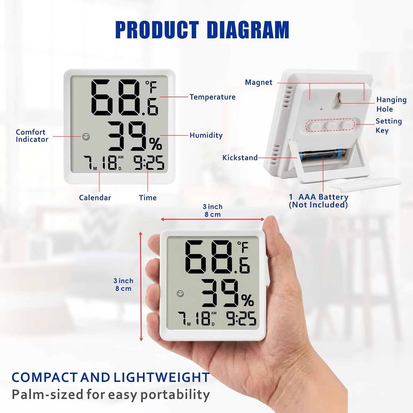 Room Hygrometer Indoor Thermometer for Home, Black | Small Digital Temperature Humidity, Comfort Indicator, Digital Clock & Calendar, Desktop Humidity Meter, Compact Size
