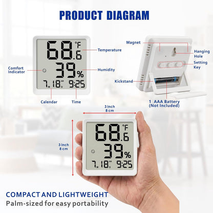 Room Hygrometer Indoor Thermometer for Home, Black | Small Digital Temperature Humidity, Comfort Indicator, Digital Clock & Calendar, Desktop Humidity Meter, Compact Size