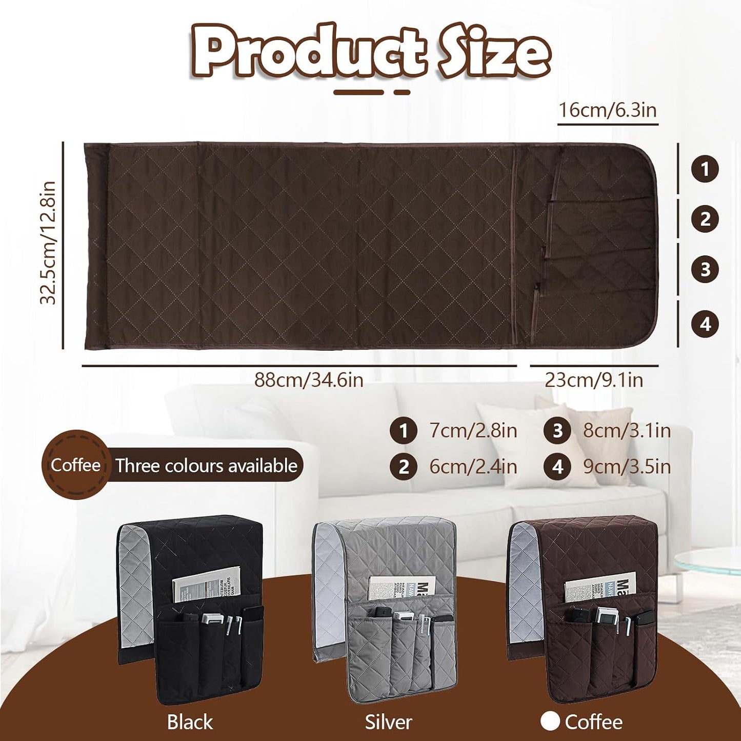 Huakaile Foldable Remote Control Holder Non-Slip Couch Sofa Chair Waterproof Armrest Organizer with 5 Pockets Armrest Organizer Couch Recliner Caddy Fits for Ipad, Phone, Magazines (Coffee)