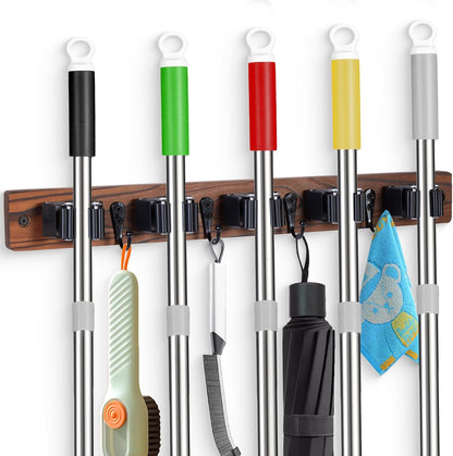 FunCee Broom Holder Wall Mount With 5 Slots & 4 Hooks，Rustic Wood Broom & Mop Hanger，Wall Mounted Garden & Garage Tool Storage Organizer Rack for Closet Laundry Room or Kitchen Wall Decor