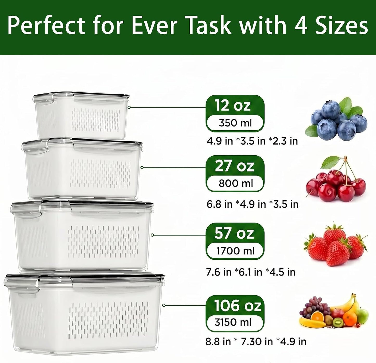 4 Pack Fruit Storage Containers for Fridge with Removable Colanders，4 in 1 Produce Storage Containers with Lids, Leakproof Fridge Organizer Bins for Salad Berry Lettuce Vegetables Meat Keeper Fresh