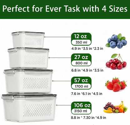 4 Pack Fruit Storage Containers for Fridge with Removable Colanders，4 in 1 Produce Storage Containers with Lids, Leakproof Fridge Organizer Bins for Salad Berry Lettuce Vegetables Meat Keeper Fresh