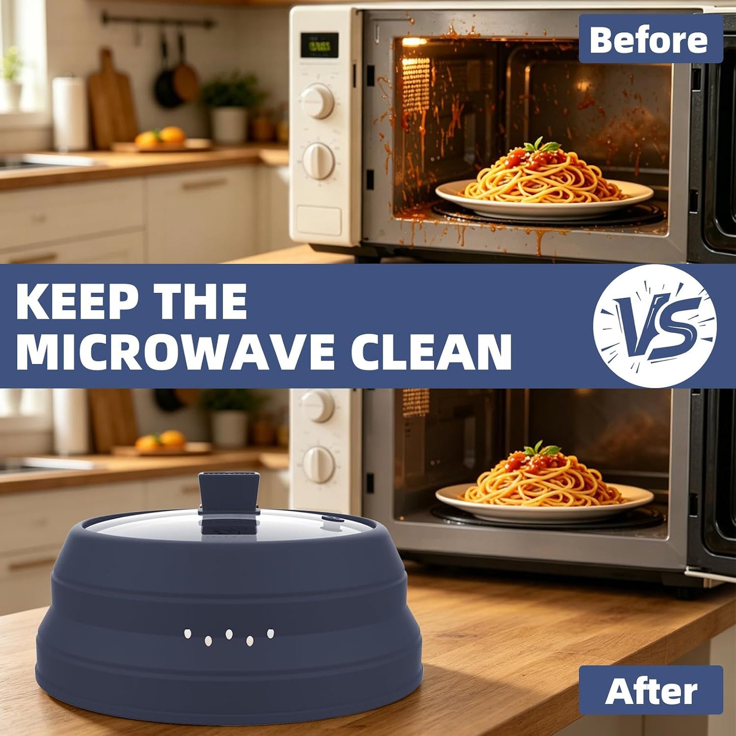 Microwave Splatter Cover Glass Guard Lid with Collapsible Silicone for Food Pot Plate Cover 9.8 inch Dark Blue