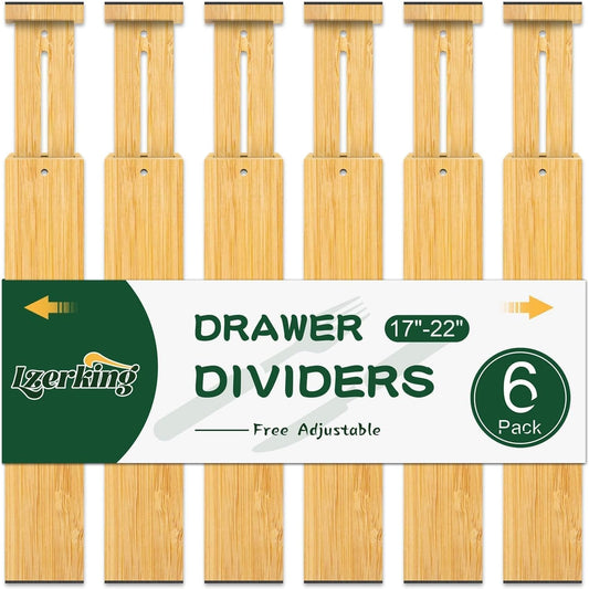 Kitchen Drawer Dividers 6 Pack Bamboo Drawer Organizers | 17-22" Adjustable, Spring Loaded, Expandable Utensil Organizer, Works in Kitchen, Dresser, Closet, Bathroom, Bedroom