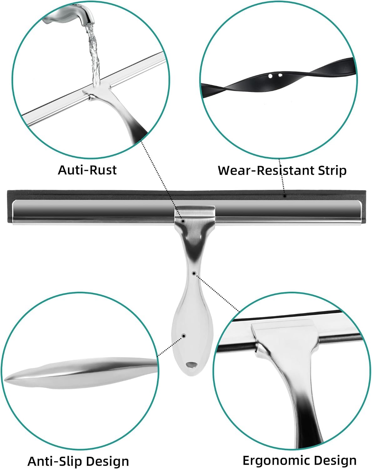 All-Purpose Stainless Steel Shower Squeegee Come with S Hook, 2 Square Sticky Hook 2 Rubber Strips Shower Squeegee for Glass Doors, Windows, Mirrors, Tiles and Car Glass -10 Inches Silver