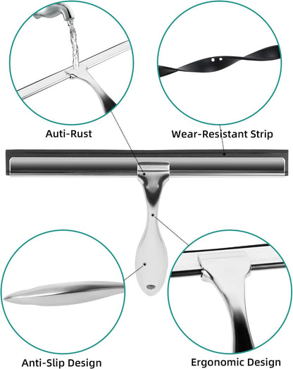 All-Purpose Stainless Steel Shower Squeegee Come with S Hook, 2 Square Sticky Hook 2 Rubber Strips Shower Squeegee for Glass Doors, Windows, Mirrors, Tiles and Car Glass -10 Inches Silver