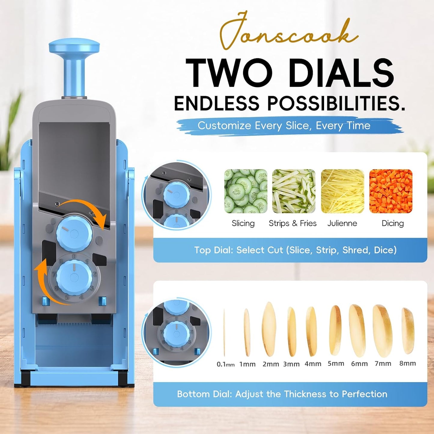 Jonscook All-in-1 Safe Mandoline Slicer for Kitchen, Vegetable Slicer with Container, Adjustable Veggie Mandoline, French Fry Cutter, Potato/Tomato/Onion Slicer, Grater/Cleaning Brush (Black Knight)