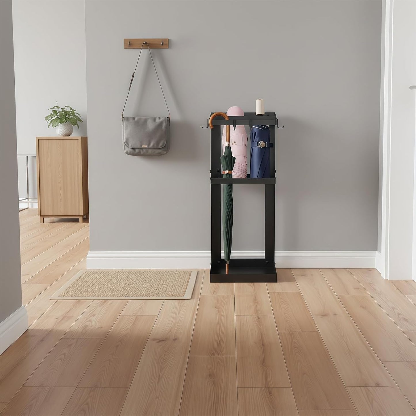Umbrella Stand, Metal Umbrella Stand Indoor, 20 Inch Umbrella Holder for Entryway, Shelf for use with Small Umbrellas and Bottom Drip Tray for use with