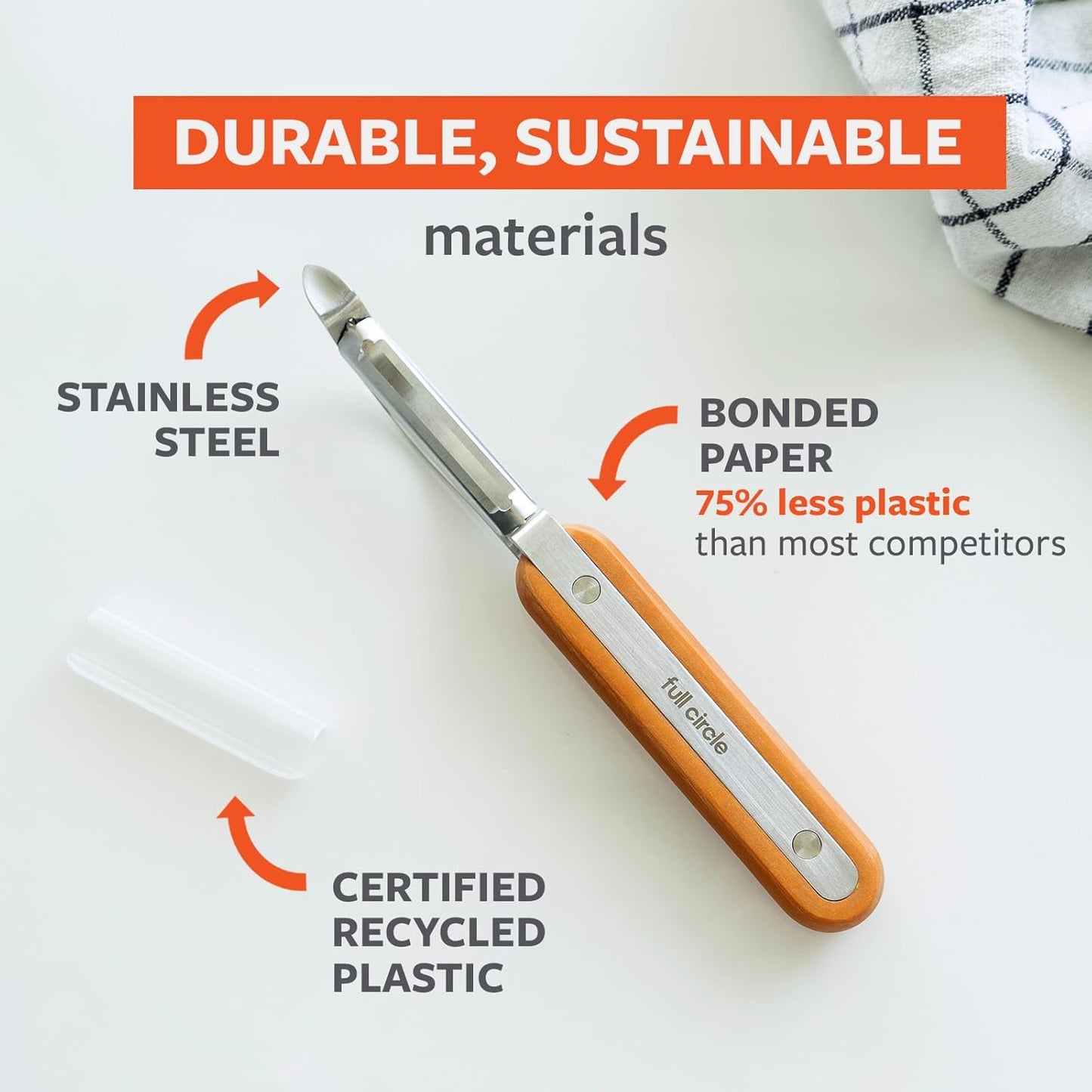 Full Circle Produce Peeler, Smooth Glide Straight Fruit and Vegetable Peeler: Stainless Steel, Sharp, Precise, and Eco-Friendly. Dishwasher Safe.