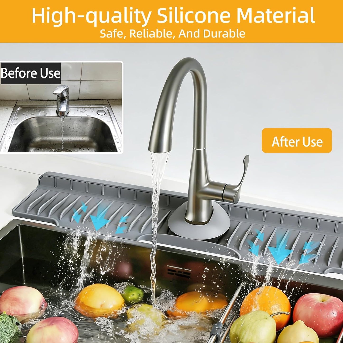 24" Silicone Sink Mat for Kitchen(Released in 2026), Beige | 8° Slope for Quick Self-draining, Sink Splash Guard Behind the Faucet, Narrow Water Splash Guard, for Kitchen&Bathroom Area