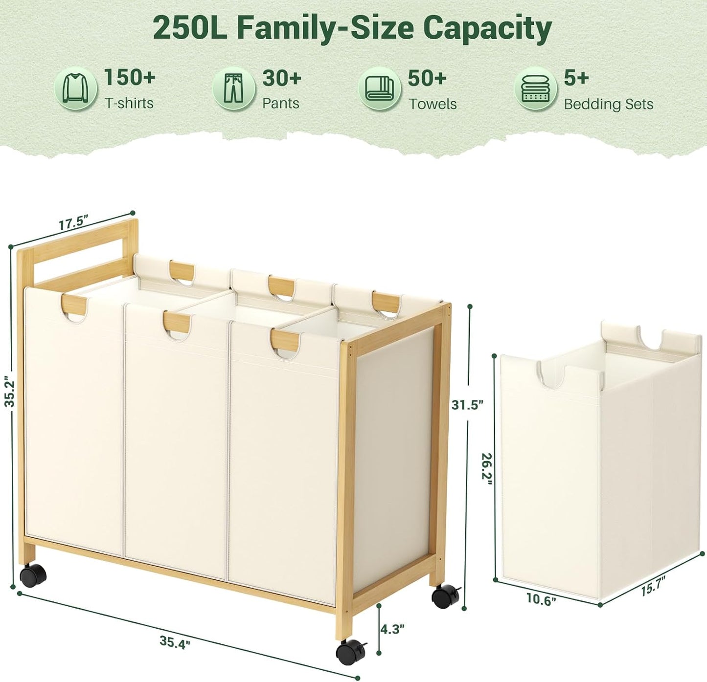 250L Laundry Sorter with Wheels, 3-Section Laundry Hamper, Black | 66 Gal Large Laundry Cart with Removable Bags, Rolling Laundry Basket, Water-Resistant, Bamboo Frame, Laundry Room Organizer