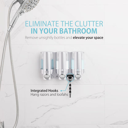 Better Living Aviva Wall Mount Shower Dispenser, 3 x 11 oz, Satin Silver | 3 Chamber, Shower Dispenser for Bathroom, Built-in Hooks, No Drill, Waterproof Dispenser Pump